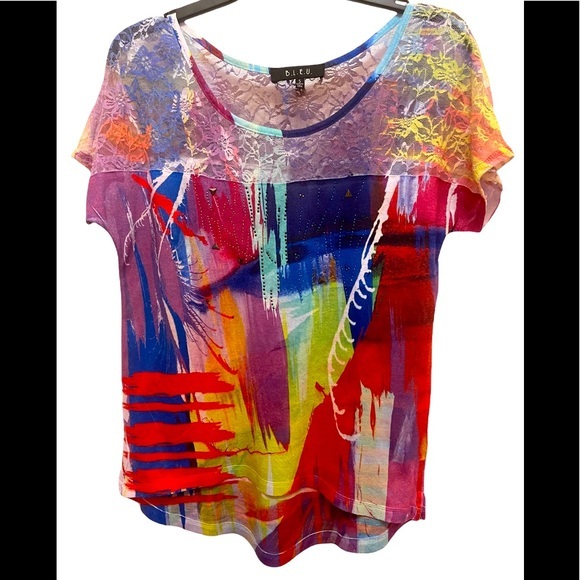 B.L.E.U. Multi Colored High-Low Top With Lace Size Small - Picture 1 of 5